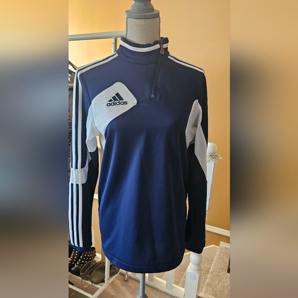 Adidas Navy and White Long Sleeve Top
